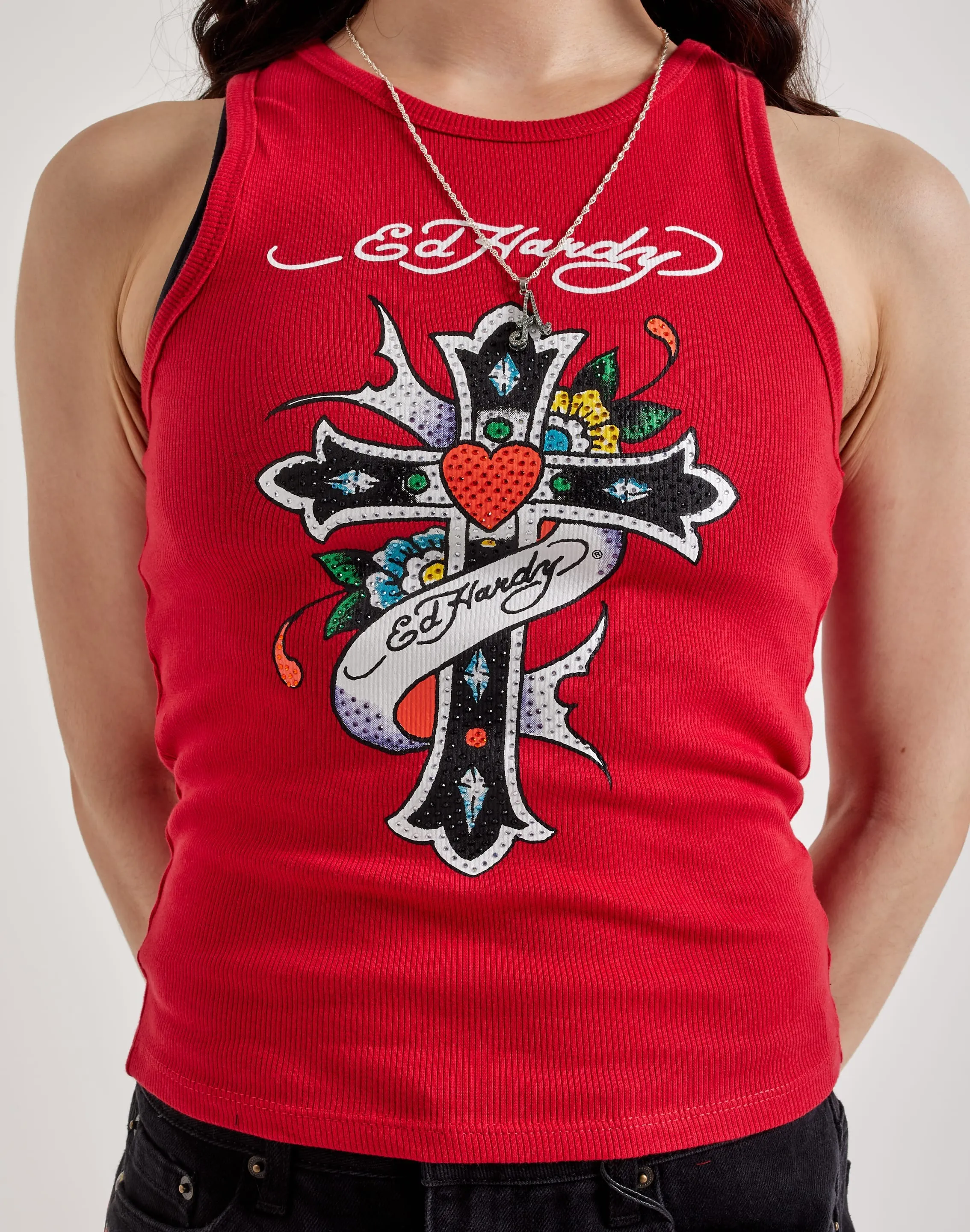 Ed Hardy Cross Rhinestone Rib Tank Top