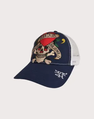 Ed Hardy Embroidered Heart Skull Snapback Navy/White Hat