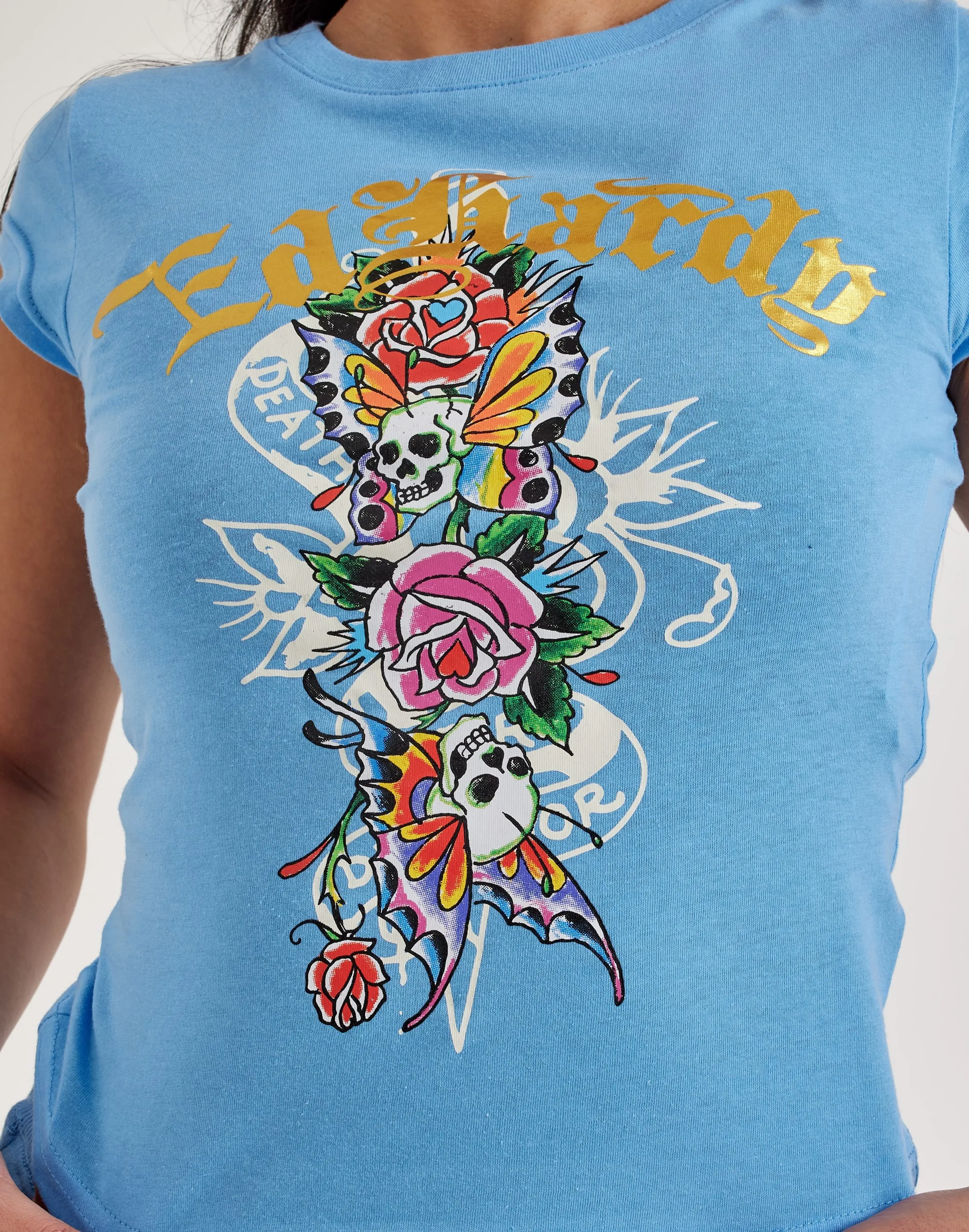 Ed Hardy Flower Skulls Cap Sleeve Tee