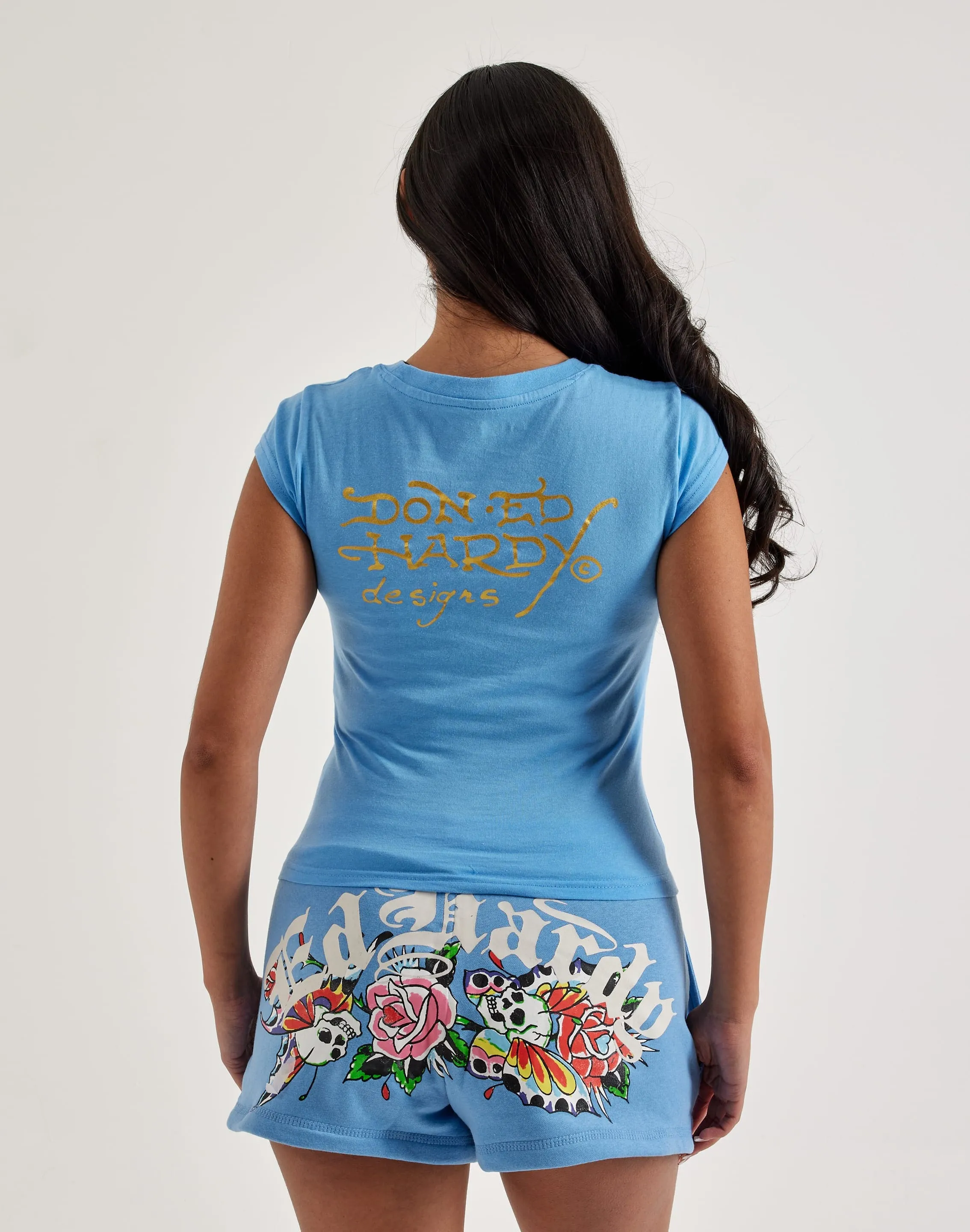 Ed Hardy Flower Skulls Cap Sleeve Tee