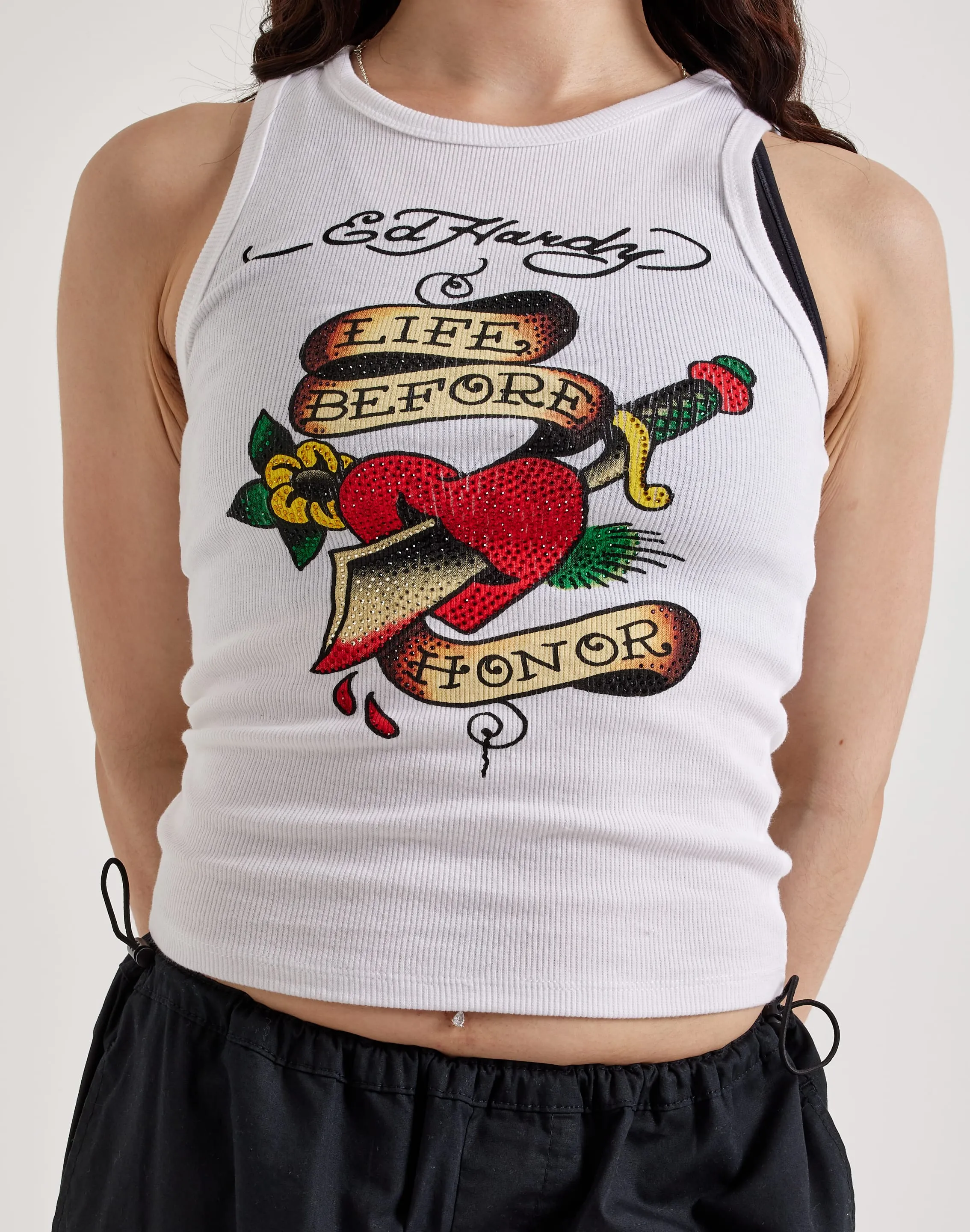 Ed Hardy Heart Sword Rhinestone Rib Tank Top