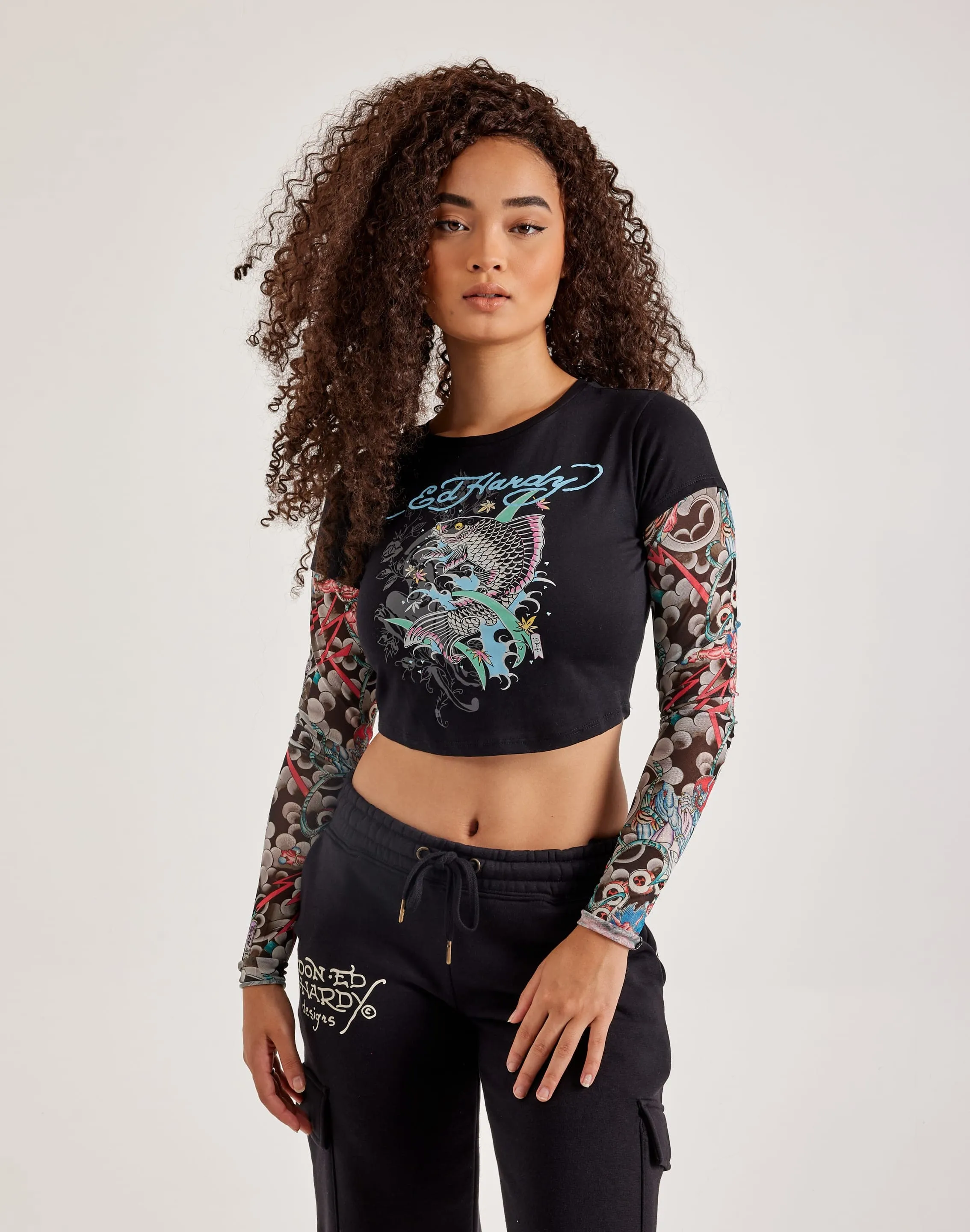 Ed Hardy Mesh Koi Fish Tattoo Long-Sleeve Top